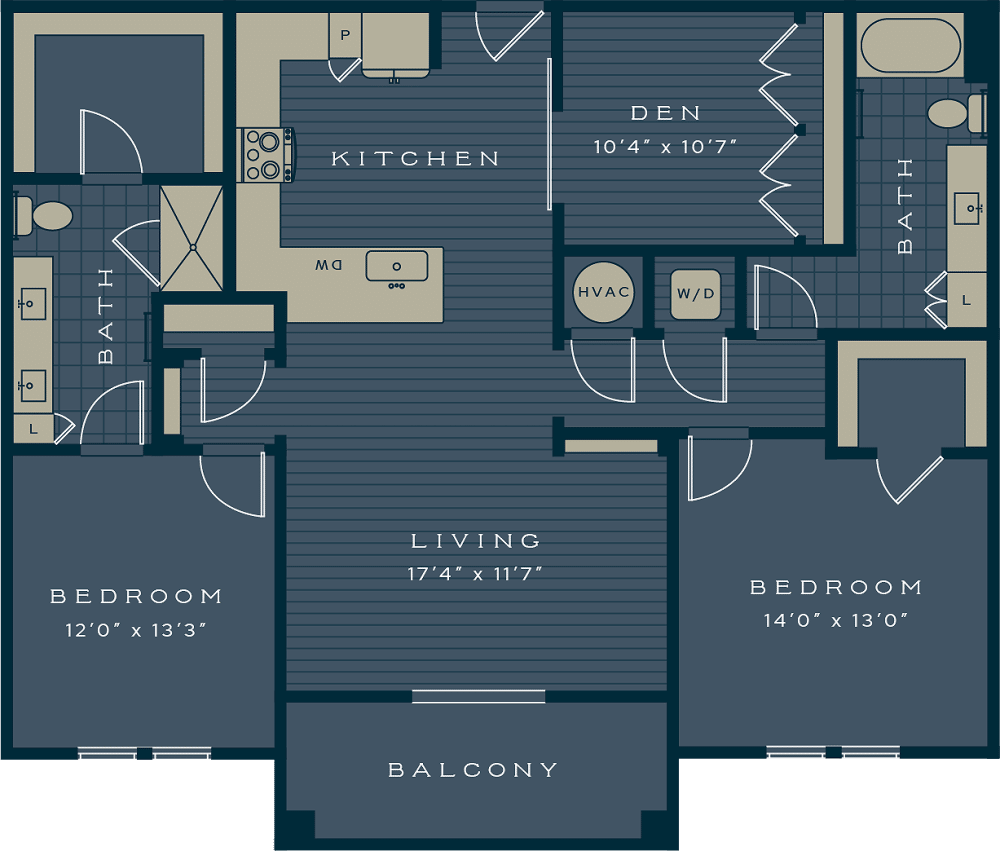 The Green 2 bedroom and 2 bathroom floorplan 1201 sq. ft.
