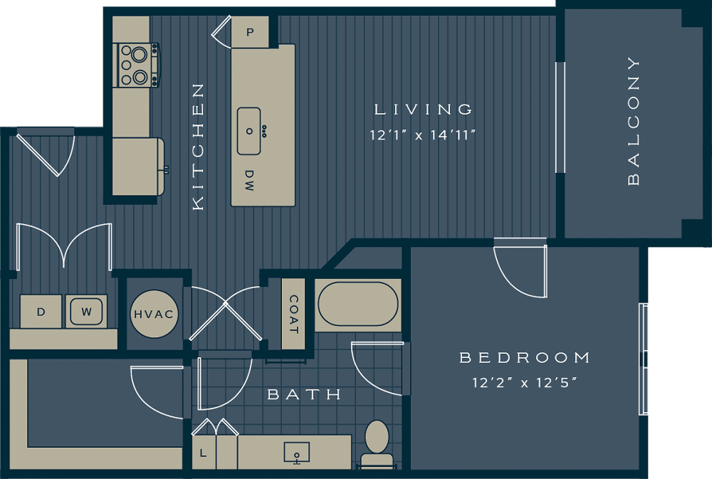 The Caspian 1 bed and 1 bath 2D apartment floorplan available at the Ridley at Waterset