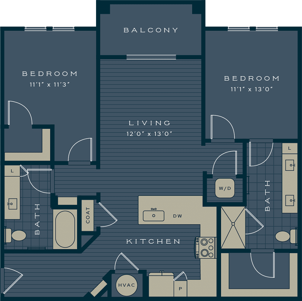 The Flatback 2 bed and 2 bath 2D apartment floorplan available at the Ridley at Waterset