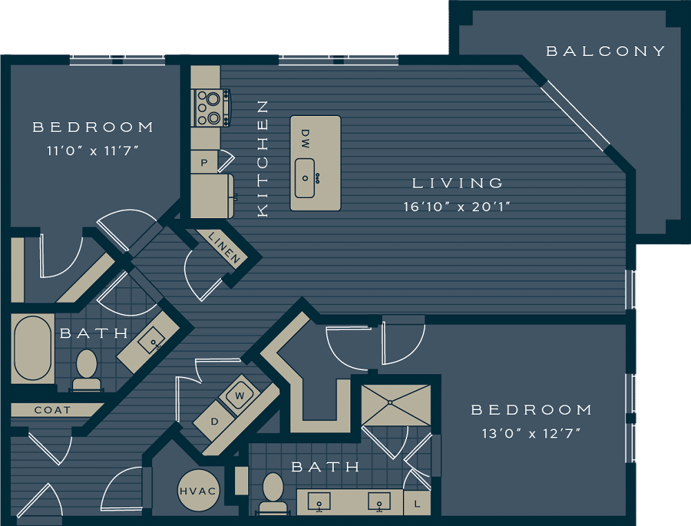 The Caretta 2 bed and 2 bath 2D apartment floorplan available at the Ridley at Waterset